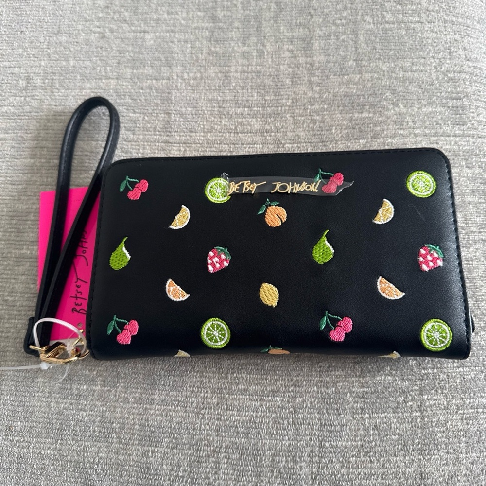 Betsey Johnson Black Wallet with Fruit Embroidery
